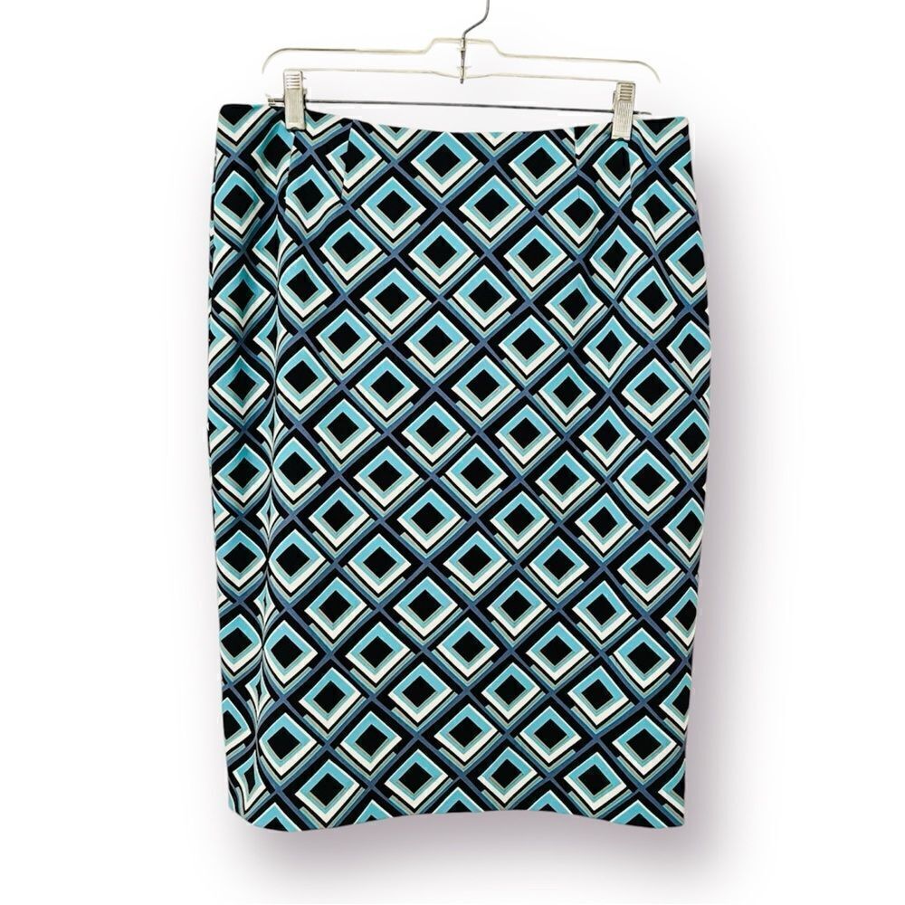 KASPER Abstract Print Pencil Skirt Back Slit Navy Blue Teal 10